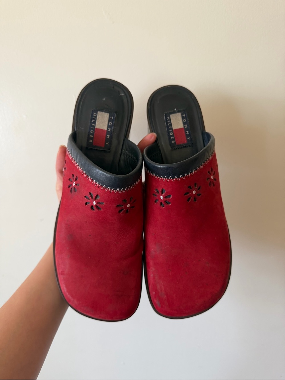 Tommy Hilfiger Red Suede Slip-On Clog Mules with Black Trim